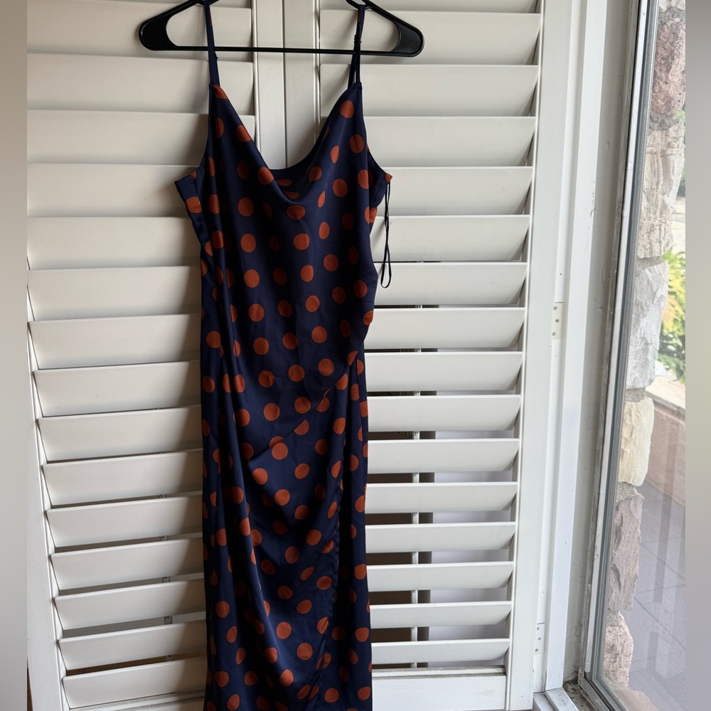Isalis Navy Blue Slip Dress with Rust Polka Dots sz M